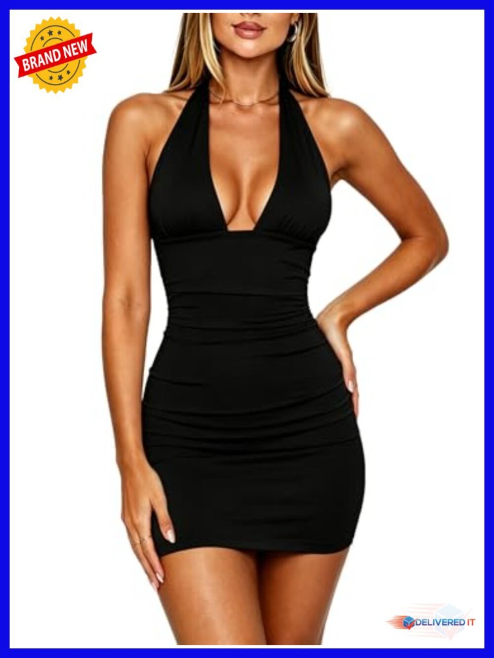 Deep V Halter Backless Bodycon Mini Dress with Ruched Sides